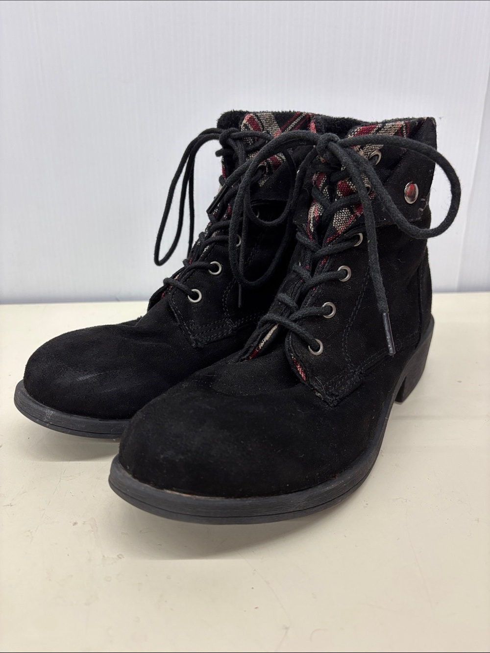 Rock & Candy Black Suede Lace-Up Ankle Boots with Patterned Collar
